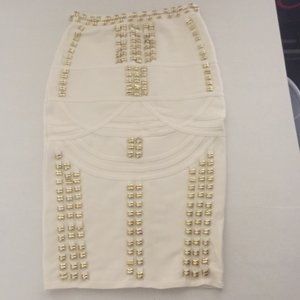 High Waisted Bandage Studded Beige Midi Pencil Skirt (Size: L)